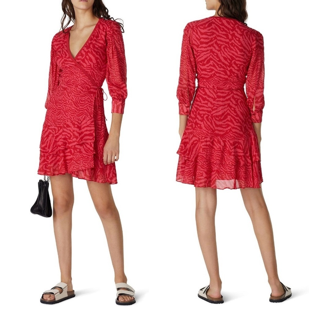 All Saints Keva Remix Ruffle Red Wrap Dress Size M